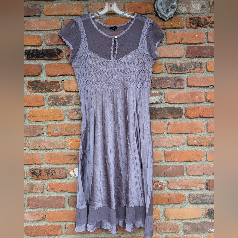 Komarov Lavender Illusion Sheer Midi Dress Crinkled Capsleeve